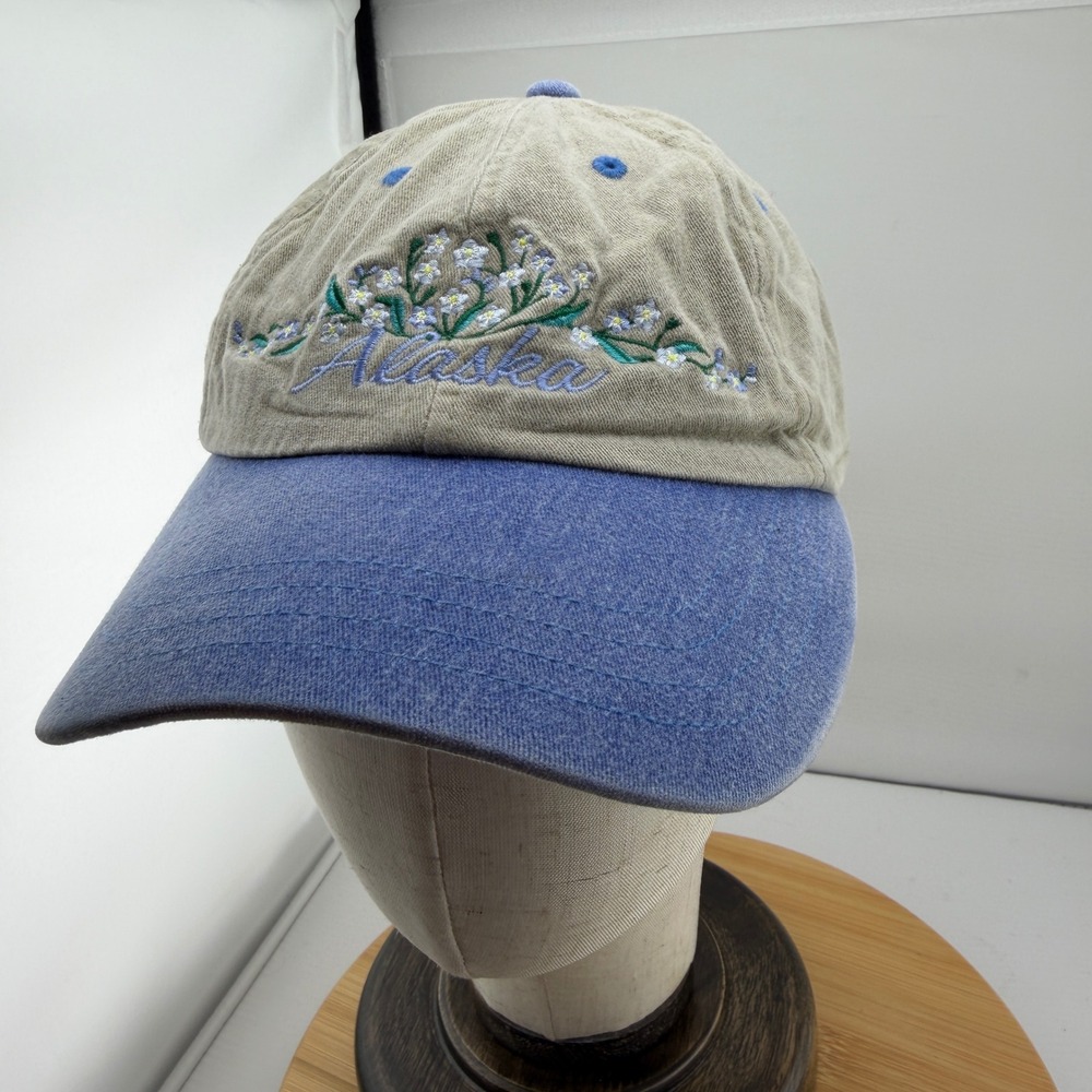Alaska Forget-Me-Not Embroidered Floral Cap Blue Khaki Cotton Souvenir Hat